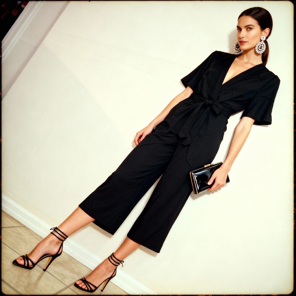 Black Jumpsuit, Polyester Size M | Flutter Sleeve Wide Leg Zip Up